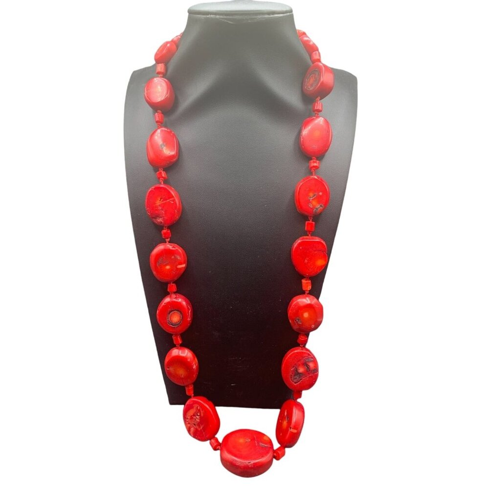 Coral Necklace in Red Dyed Bamboo Coral Signed By BARSE Chunky Stones Necklace